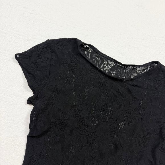 Y2K Black Stretch Lace Sheer Fitted Short Sleeve Top, Size Large - Picture 2 of 4